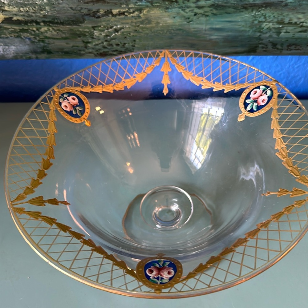 Antique Stunning Glass Bowl With Gilt Edging and Hand painted floral detail